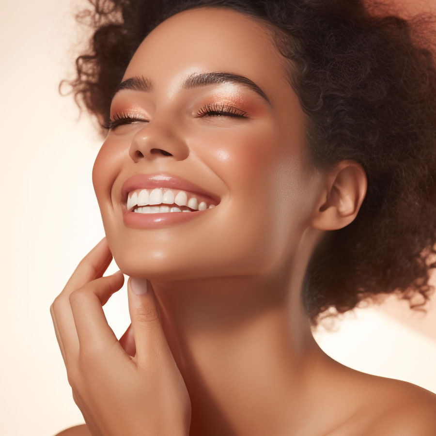 woman smiling on peach background sm